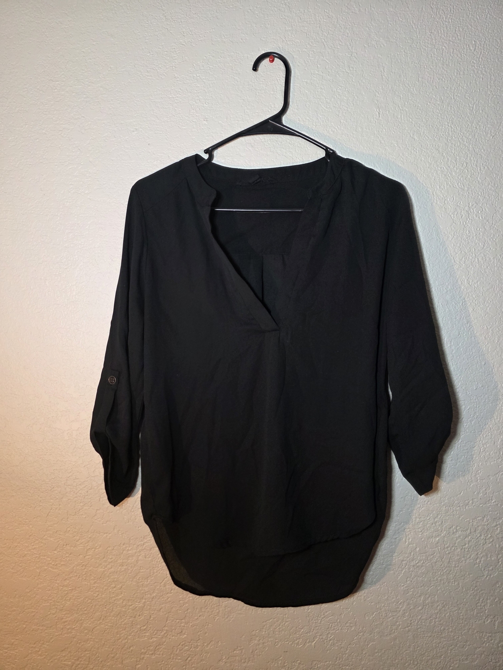iris Black V-Neck Roll-Tab Sleeve Blouse